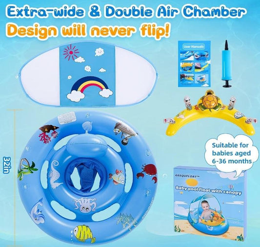 GEEQUFLOAT Baby Pool Float with UPF50+ Canopy, Extra Wide and Safe - Logan's Toy Chest