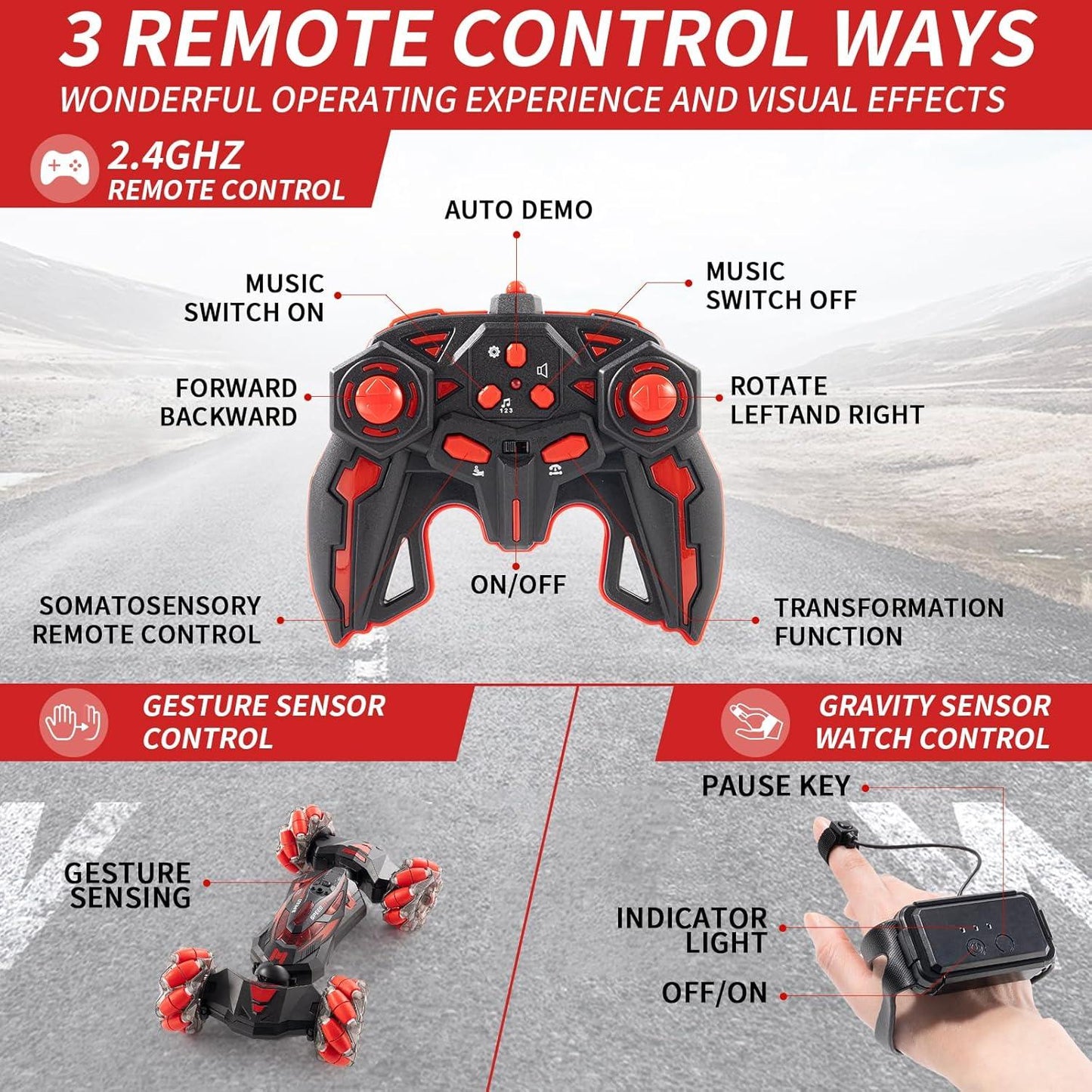 Gesture RC Stunt Car 4WD 360° Rotation Lights Music Toy for Boys Girls 6-12 - Logan's Toy Chest