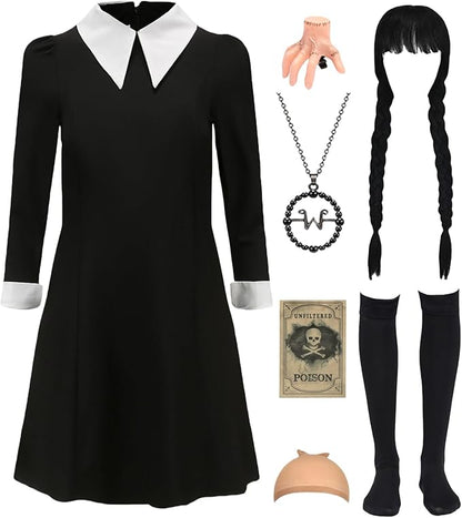 Girls Halloween Costume Set - Black Dress, Wig, Hand Hairpin, Socks, & More - Logan's Toy Chest