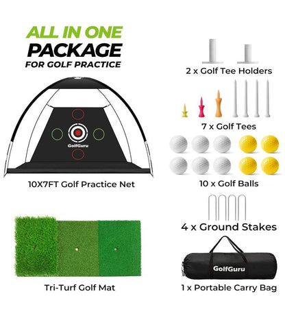 Golfguru 10x7ft Golf Practice Net Set with Tri-Turf Mat & Accessories - Logan's Toy Chest