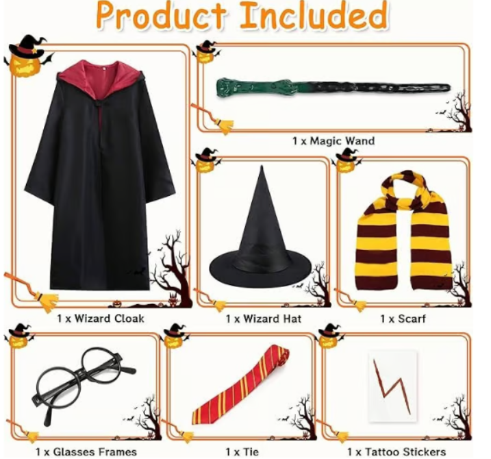 Halloween Wizard Costume Set for Kids - Robe, Wand, Hat, Glasses & More - Logan's Toy Chest