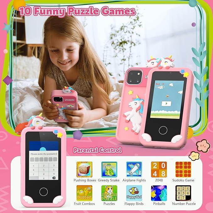 Kids Smart Phone Toy – Pink, Touchscreen, Dual Camera, 32GB Card, Ages 3-9 - Logan's Toy Chest