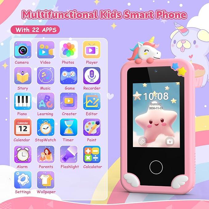 Kids Smart Phone Toy – Pink, Touchscreen, Dual Camera, 32GB Card, Ages 3-9 - Logan's Toy Chest