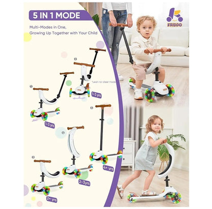 KRIDDO 5-in-1 Kids Scooter, LED Wheels, Adjustable Height - Logan's Toy Chest