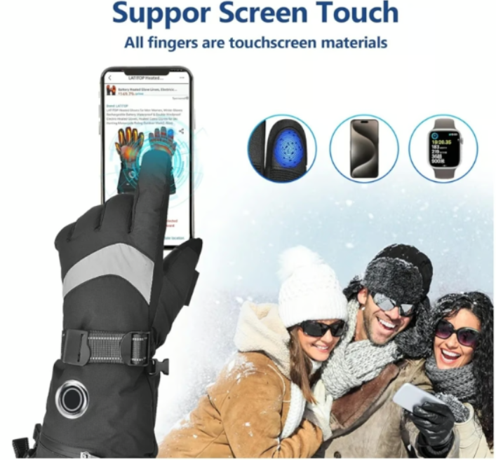 LATITOP Heated Ski Gloves Rechargeable Battery Touchscreen Waterproof 10H Heat - Logan's Toy Chest