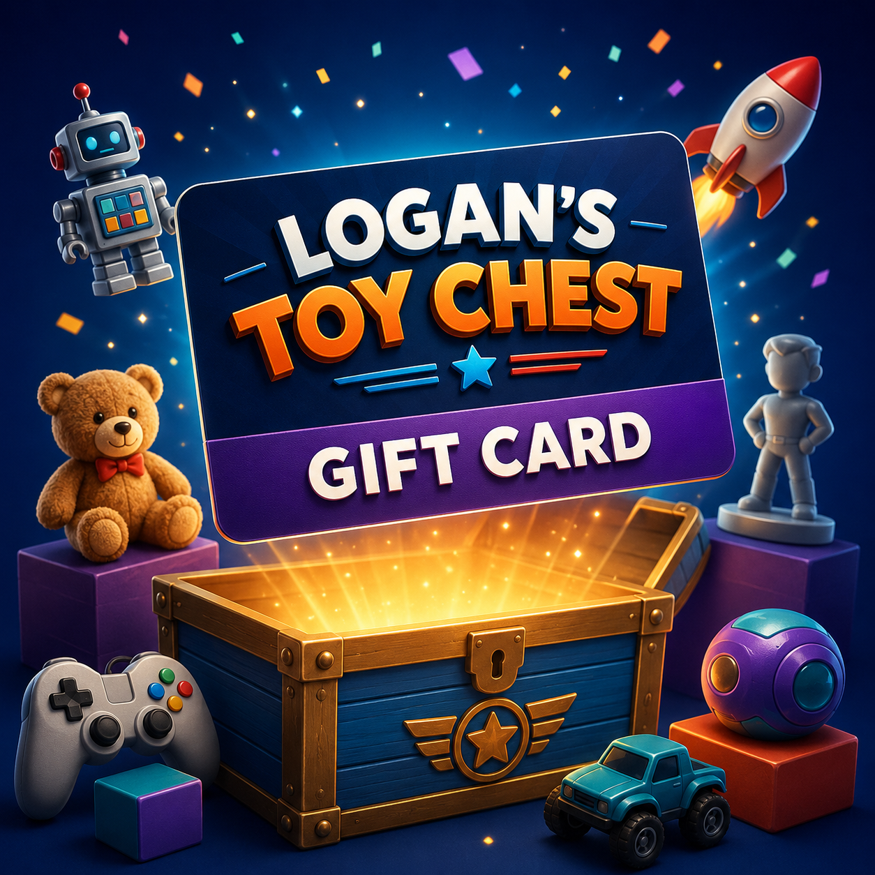 Logan's Toy Chest digital gift card with toy chest and collectible icons