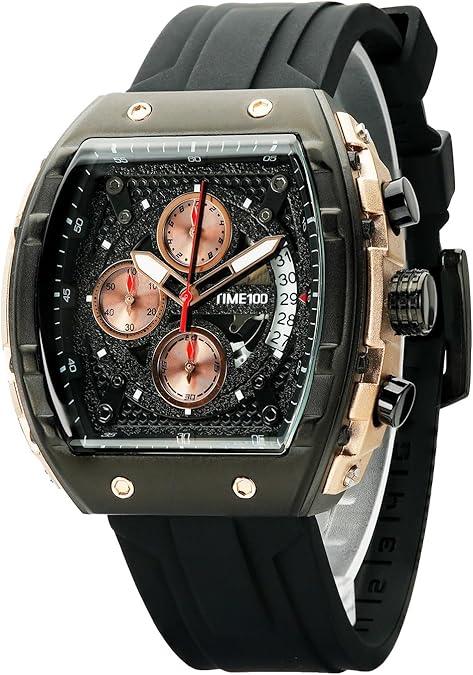 Men's Chronograph Skeleton Square Face Watch, Luminous, Punk Style Silicone Strap - Logan's Toy Chest