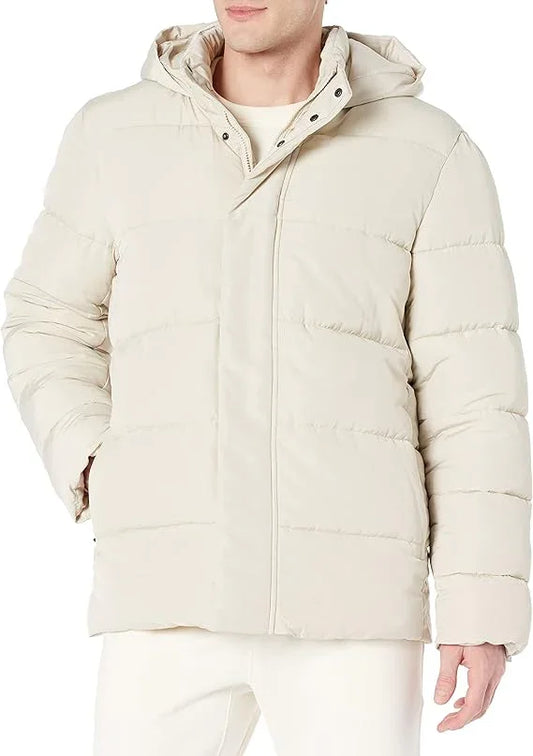 Men’s Ivory Hooded Puffer Jacket – Thick Bubble Coat 100% Polyester - Logan's Toy Chest