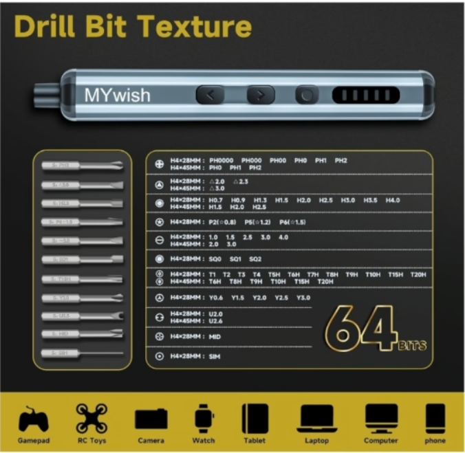 MYWISH Mini Electric Screwdriver 70-in-1 Set, Cordless with LED Lights - Logan's Toy Chest
