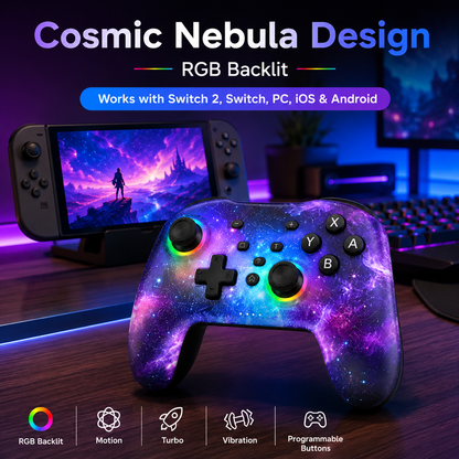 NexiGo NS32 Cosmic Nebula RGB wireless controller in a gaming setup