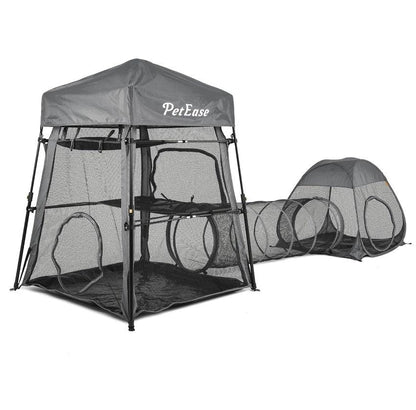 PETEASE 3-in-1 Cat Tower Tent with Tunnel, Outdoor Catio Playpen, Grey - Logan's Toy Chest