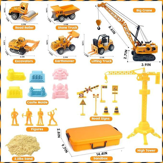 Play Construction Sand Kit - 2.2lbs Magic Sand, Crane, Trucks, Molds & Figures - Logan's Toy Chest