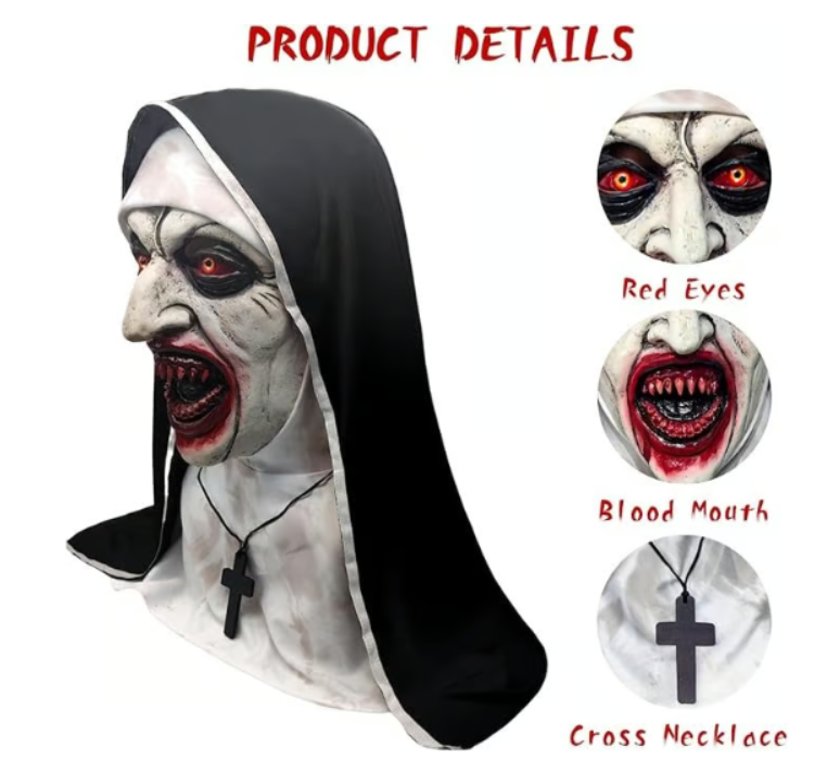 Realistic Evil Nun Mask with Headscarf - Scary Full Head Halloween Costume - Logan's Toy Chest