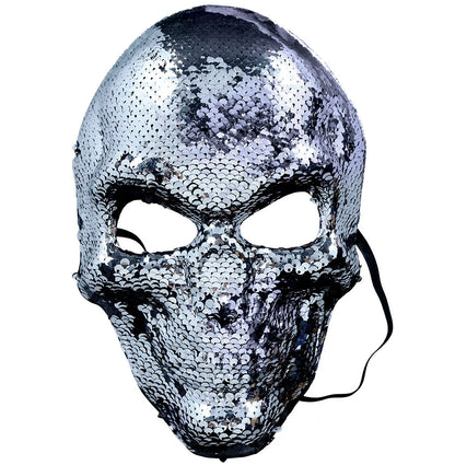 Halloween Sequin Gray & Black Skull Costume Mask 10"/6.5"/3