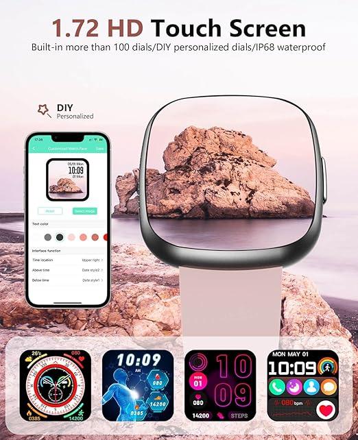 Smartwatch Pink – 1.72" Fitness Tracker, Bluetooth Call, IP68 Waterproof - Logan's Toy Chest