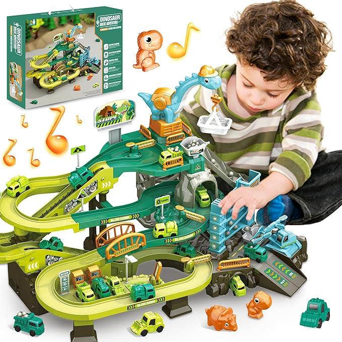 SMILESSKIDDO 73 PCS Dinosaur Car Tracks, Music & Lights, Construction Toys - Logan's Toy Chest