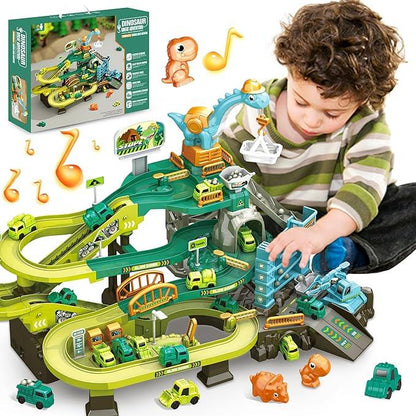SMILESSKIDDO 73 PCS Dinosaur Car Tracks, Music & Lights, Construction Toys - Logan's Toy Chest