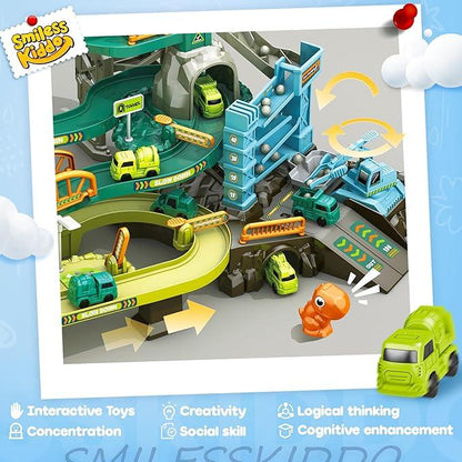SMILESSKIDDO 73 PCS Dinosaur Car Tracks, Music & Lights, Construction Toys - Logan's Toy Chest