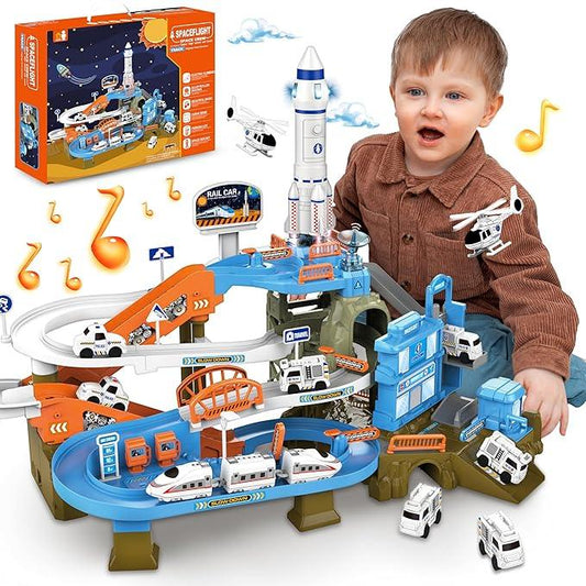 SMILESSKIDDO 73 PCS Space Car Tracks, Music & Lights, Construction Toys - Logan's Toy Chest