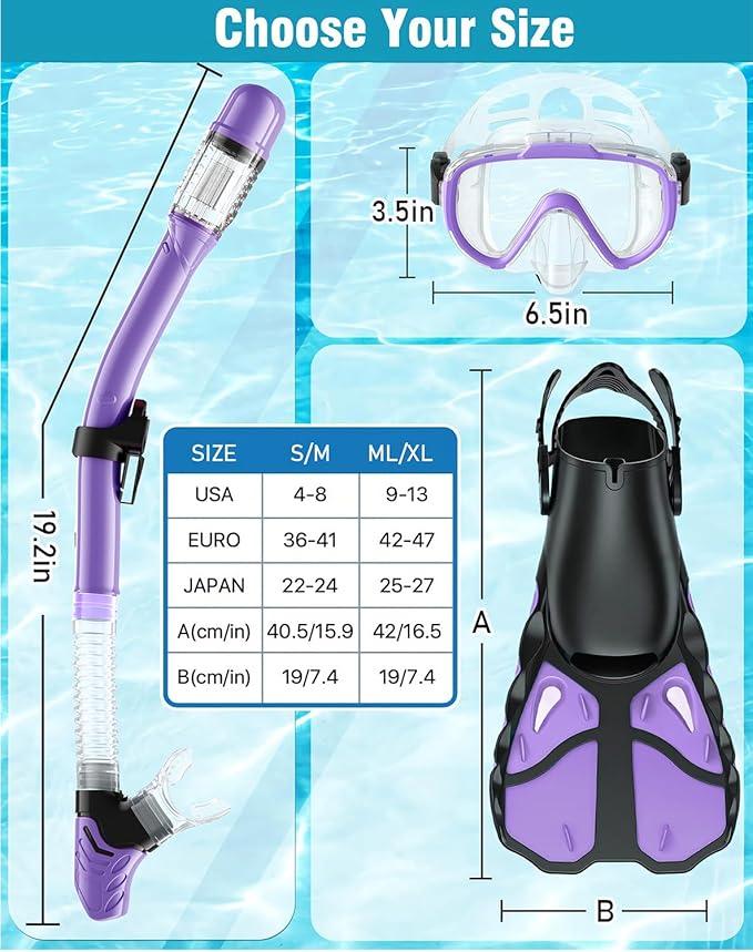 Vengreedo Snorkel Set with Fins - Adult Dry Top Mask & Gear for Diving - Logan's Toy Chest