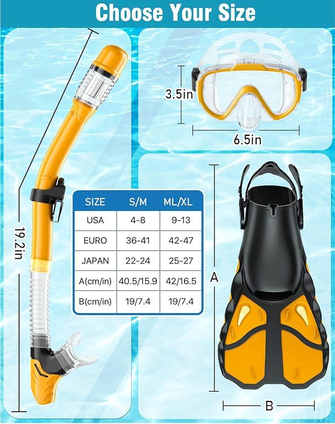 Vengreedo Snorkel Set with Fins - Adult Snorkeling Gear, Mask, Dry Top, Travel Bag - Logan's Toy Chest