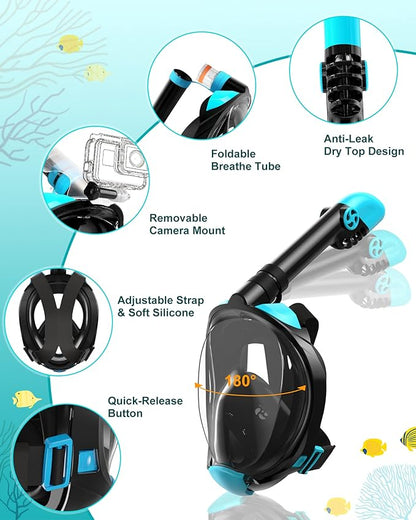 Viginsul Full Face Snorkel Mask & Adjustable Fins Set - Anti-Fog, Panoramic View - Logan's Toy Chest