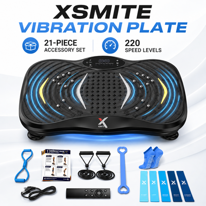 XSMITE vibration plate exercise machine with 21-piece accessory set and 220 speed levels