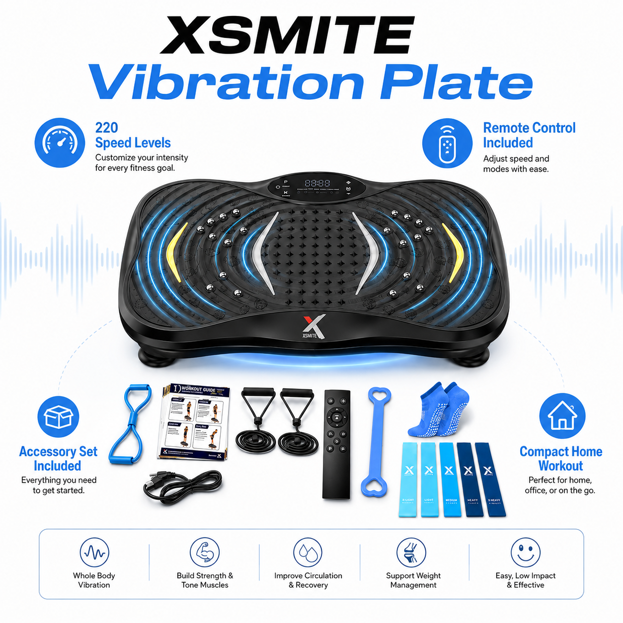 XSMITE vibration plate exercise machine showing 220 speed levels remote control and included accessories